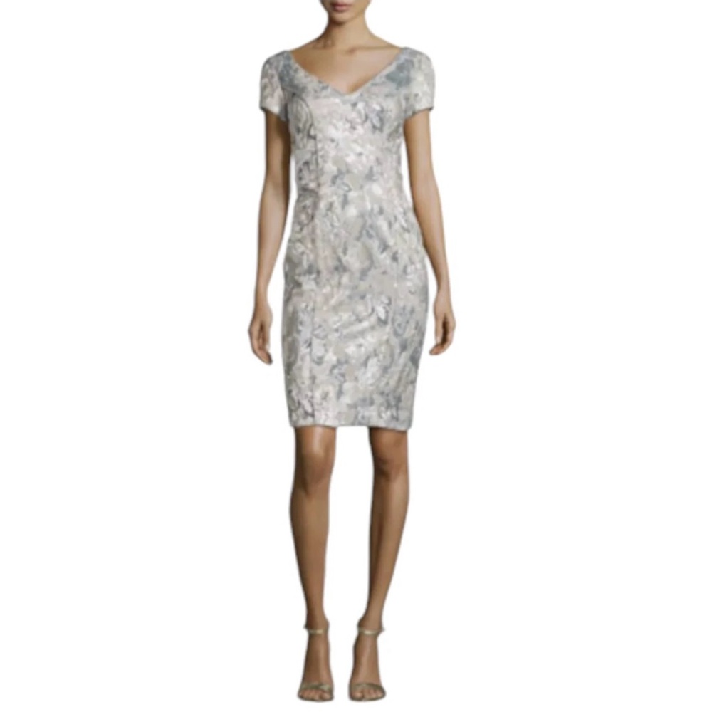 Theia NEW Floral Metallic Jacquard Brocade Cap Sleeve Sheath Dress Size 10